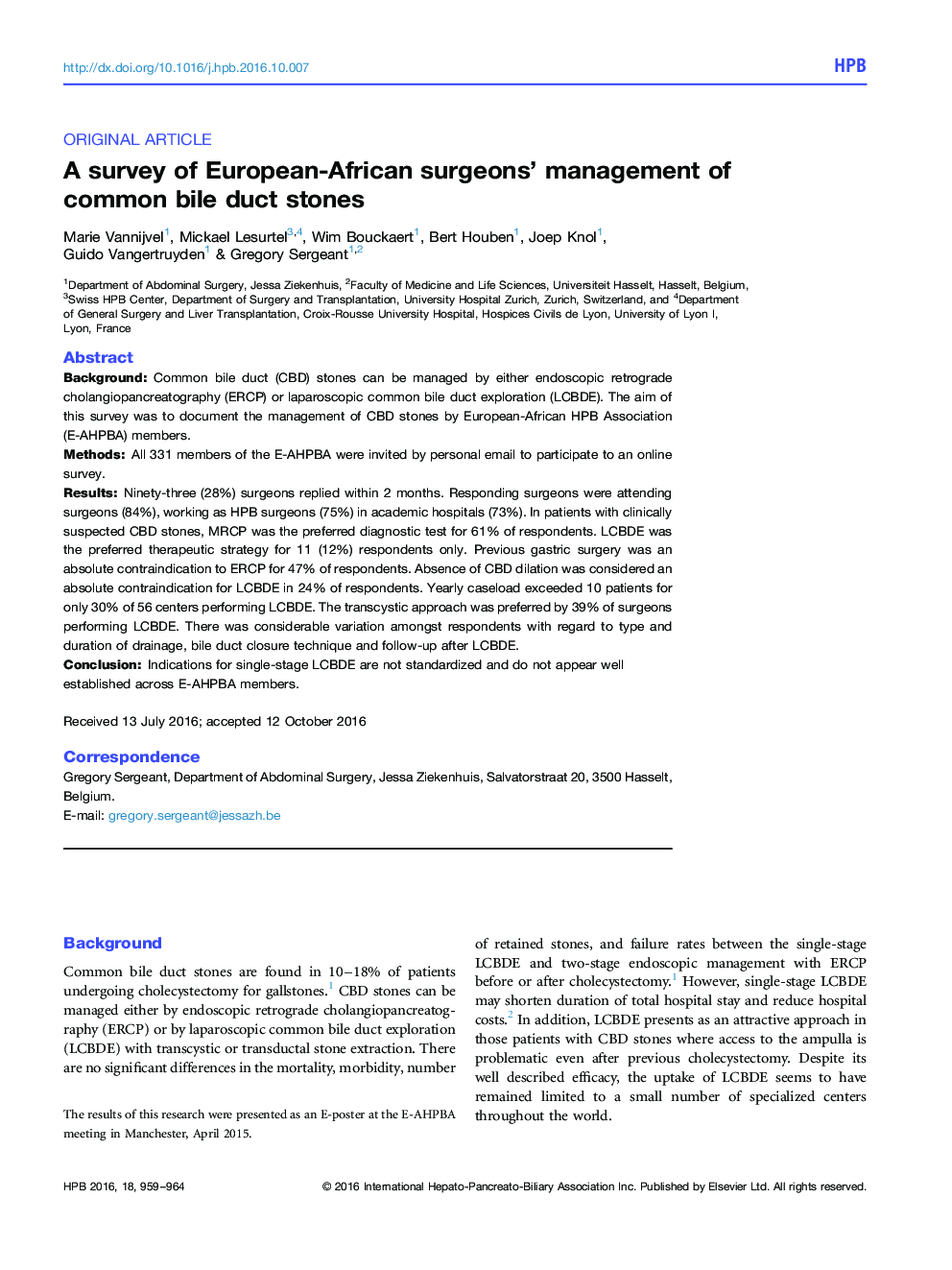 A survey of European-African surgeons' management of common bile duct stones