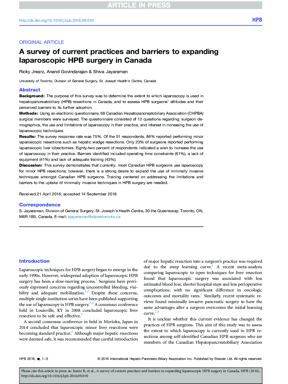 A survey of current practices and barriers to expanding laparoscopic HPB surgery in Canada