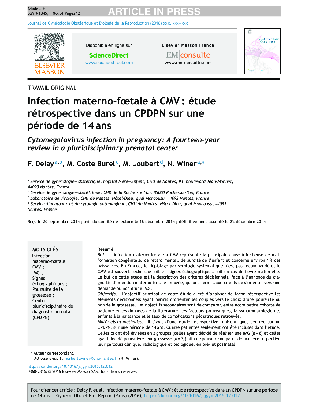 Infection materno-fÅtale Ã  CMVÂ : étude rétrospective dans un CPDPN sur une période de 14Â ans