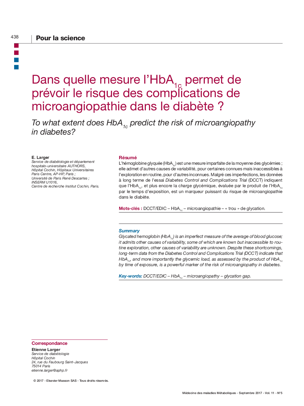 Dans quelle mesure l'HbA1c permet de prévoir le risque des complications de microangiopathie dans le diabÃ¨te ?