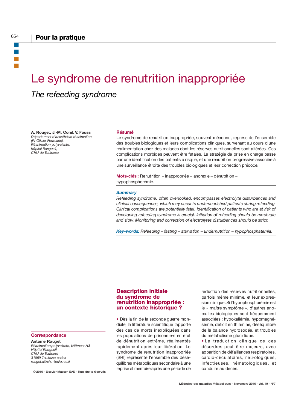 عکس صفحه اول مقاله: Le syndrome de renutrition inappropriée Le syndrome de renutrition inappropriée
