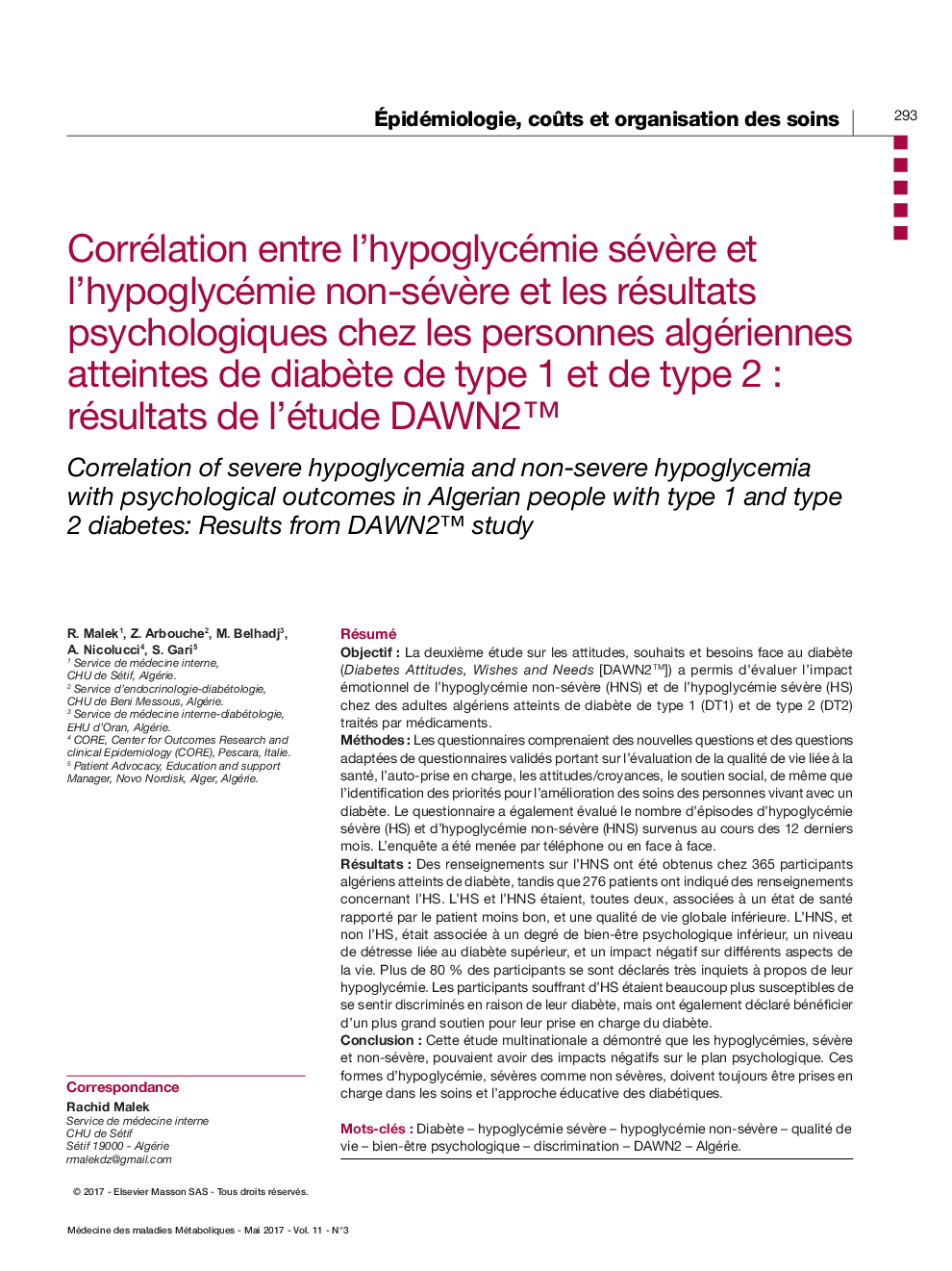 عکس صفحه اول مقاله: Corrélation entre l'hypoglycémie sévère et l'hypoglycémie non-sévère et les résultats psychologiques chez les personnes algériennes atteintes de diabète de type 1 et de type 2 : résultats de l'étude DAWN2⢠Corrélation entre l'hypoglycémie sévère et l'hypoglycémie non-sévère et les résultats psychologiques chez les personnes algériennes atteintes de diabète de type 1 et de type 2 : résultats de l'étude DAWN2â¢