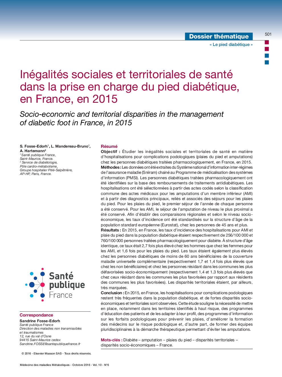 Inégalités sociales et territoriales de santé dans la prise en charge du pied diabétique, en France, en 2015