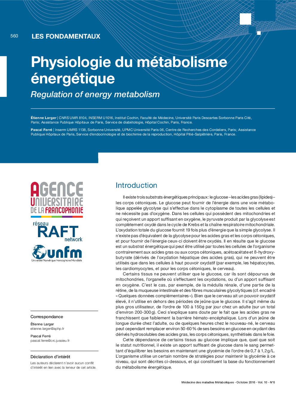 عکس صفحه اول مقاله: Physiologie du métabolisme énergétique Physiologie du métabolisme énergétique