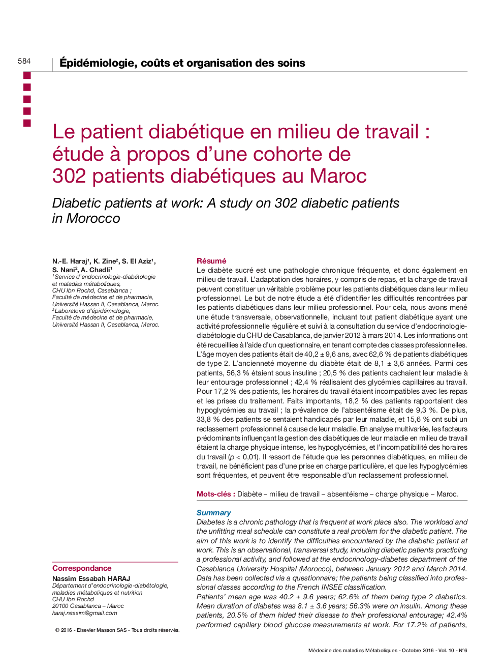 Le patient diabétique en milieu de travail : étude Ã  propos d'une cohorte de 302 patients diabétiques au Maroc