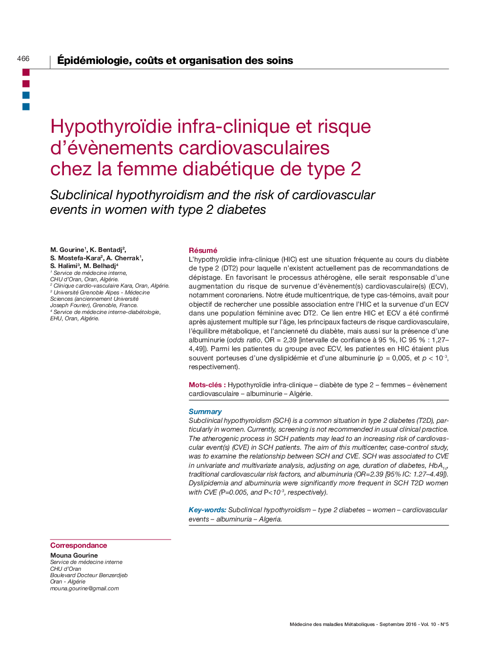 Hypothyroïdie infra-clinique et risque d'évÃ¨nements cardiovasculaires chez la femme diabétique de type 2