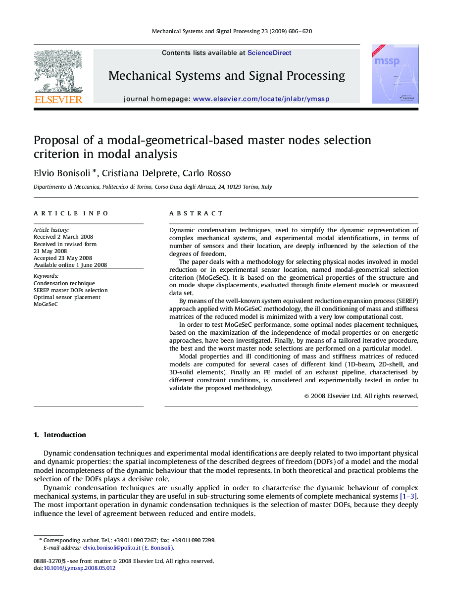 Proposal of a modal-geometrical-based master nodes selection criterion in modal analysis