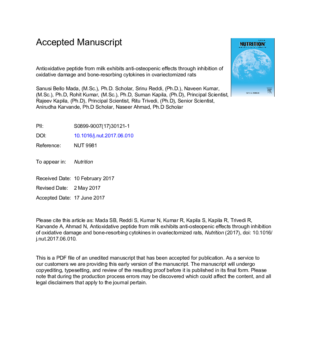 Antioxidative peptide from milk exhibits antiosteopenic effects through inhibition of oxidative damage and bone-resorbing cytokines in ovariectomized rats