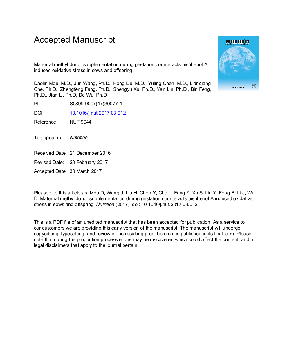 Maternal methyl donor supplementation during gestation counteracts bisphenol A-induced oxidative stress in sows and offspring