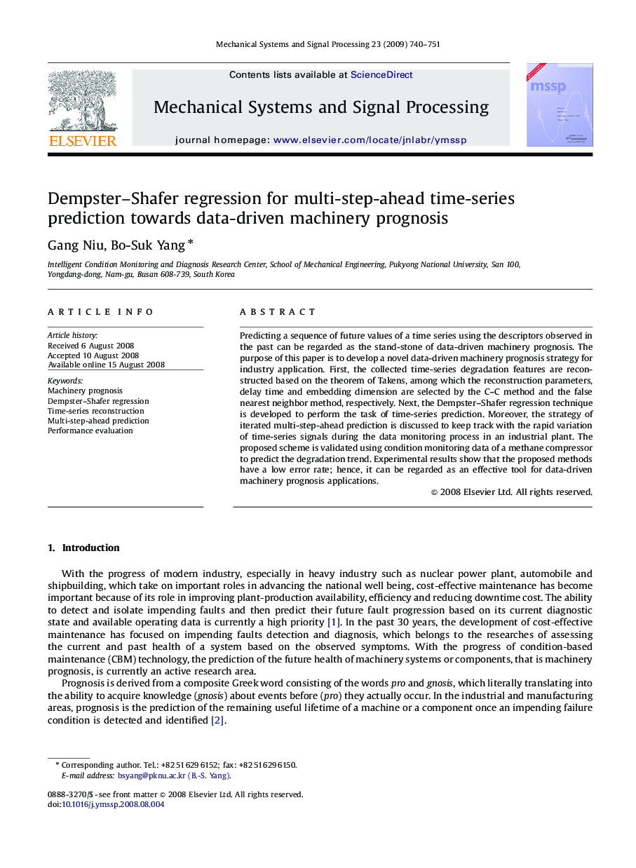 Dempster–Shafer regression for multi-step-ahead time-series prediction towards data-driven machinery prognosis