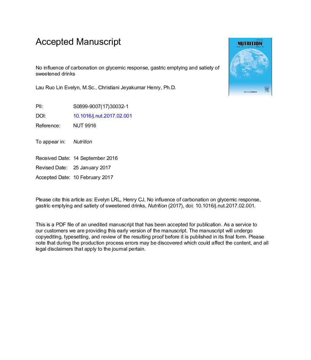 No influence of carbonation on glycemic response, gastric emptying, and satiety of sweetened drinks