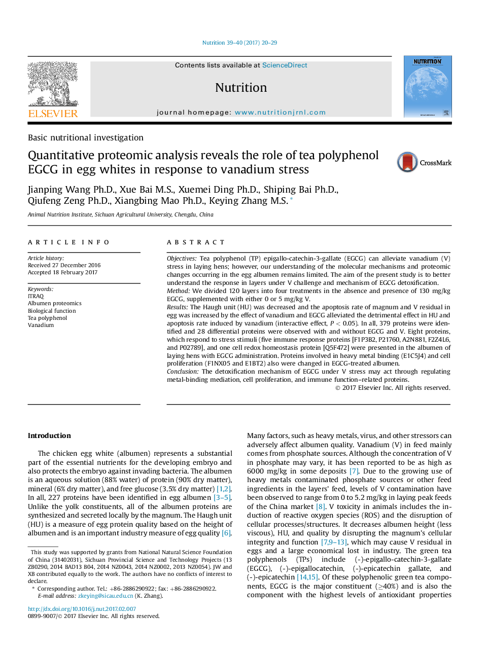 Quantitative proteomic analysis reveals the role of tea polyphenol EGCG in egg whites in response to vanadium stress