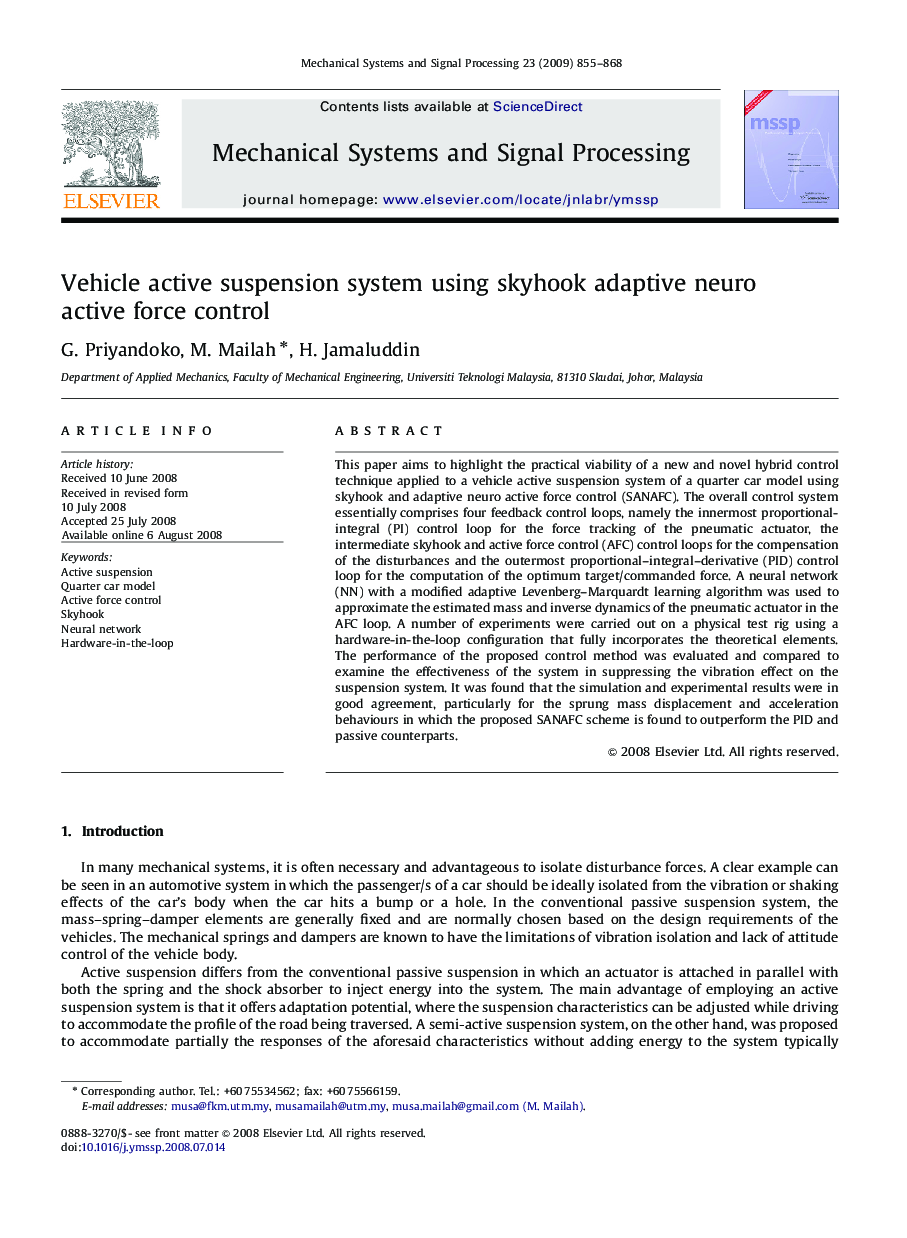 Vehicle active suspension system using skyhook adaptive neuro active force control