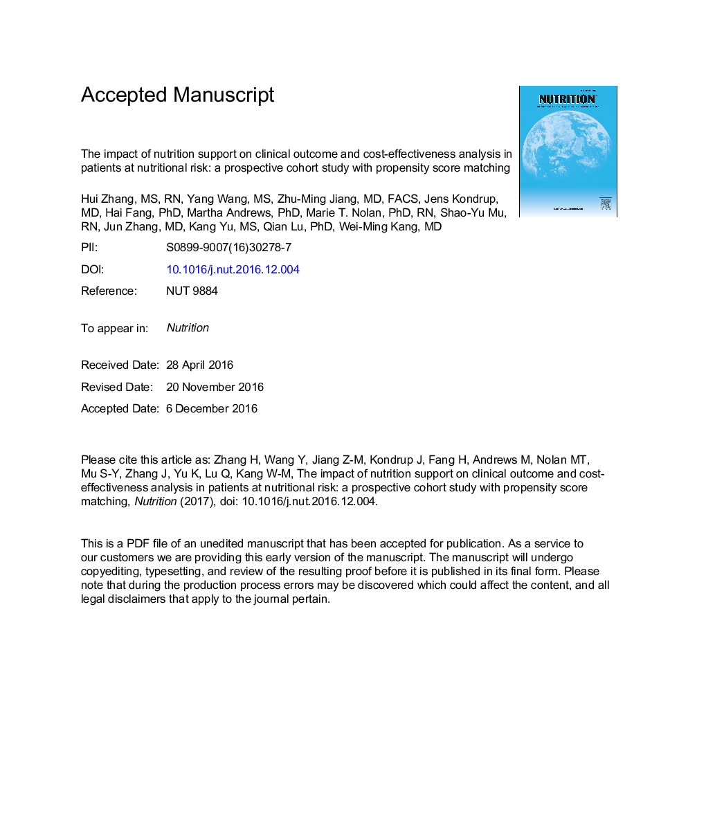 Impact of nutrition support on clinical outcome and cost-effectiveness analysis in patients at nutritional risk: AÂ prospective cohort study with propensity score matching