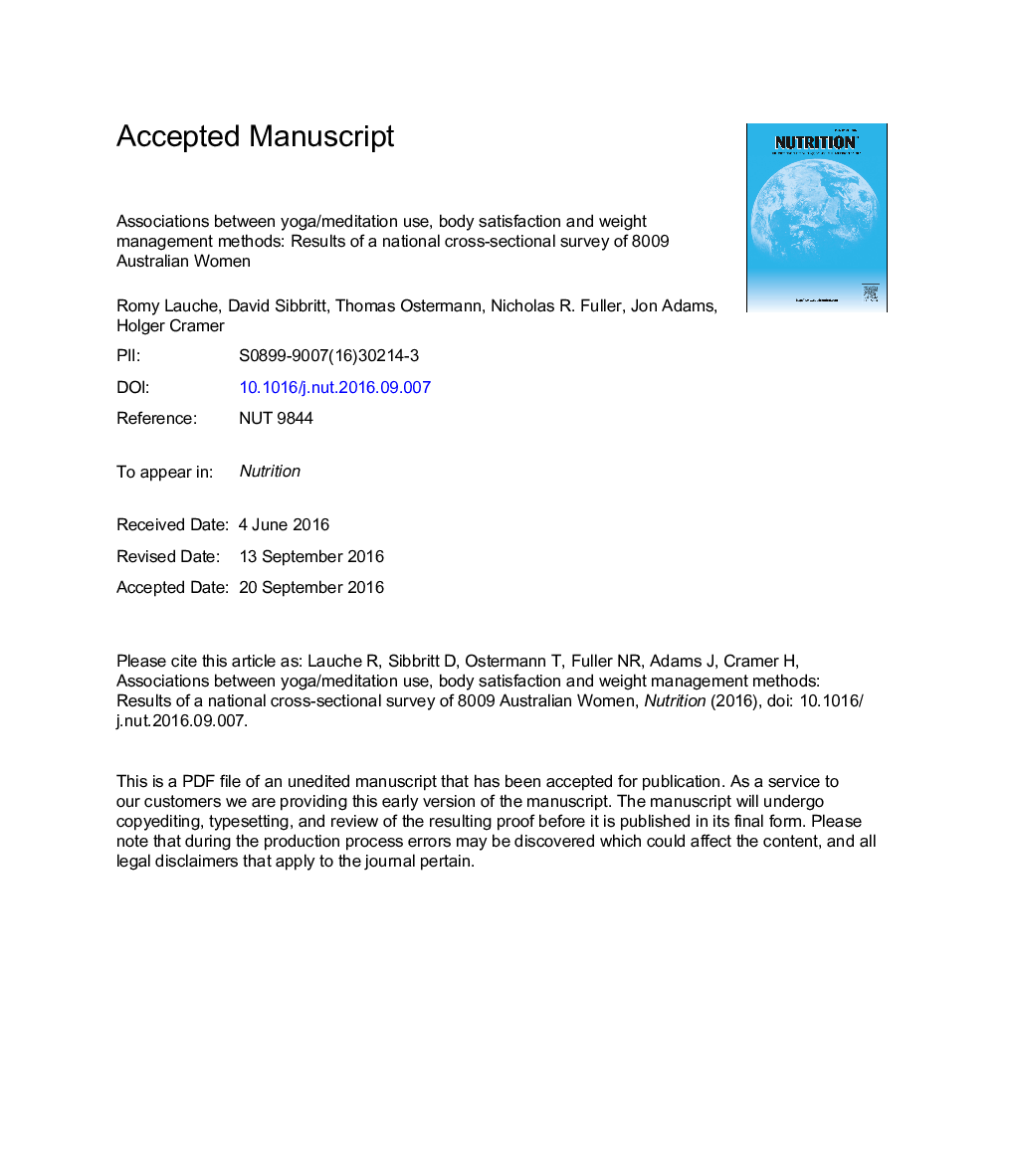 Associations between yoga/meditation use, body satisfaction, and weight management methods: Results of a national cross-sectional survey of 8009 Australian women