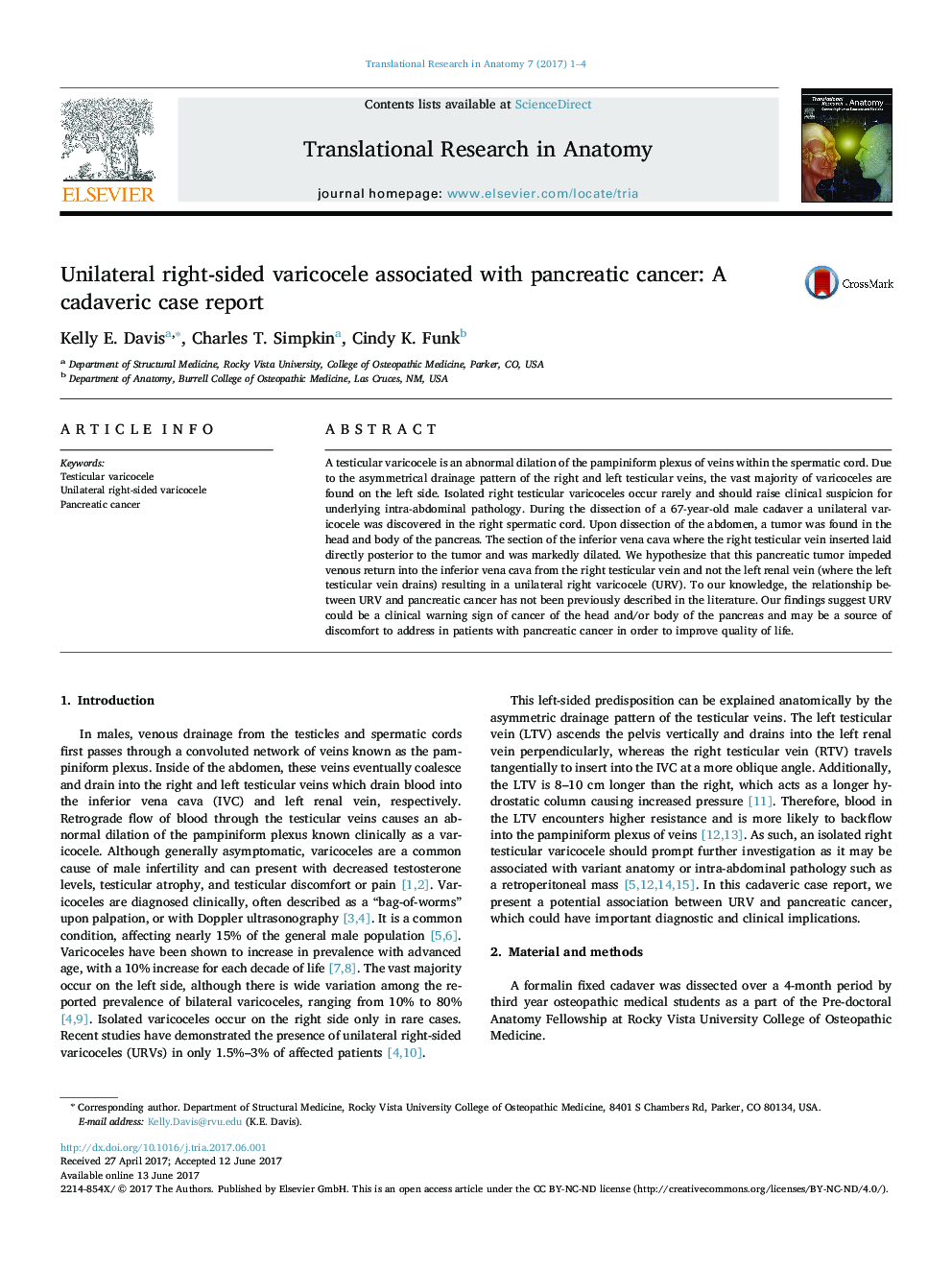 Unilateral right-sided varicocele associated with pancreatic cancer: A cadaveric case report