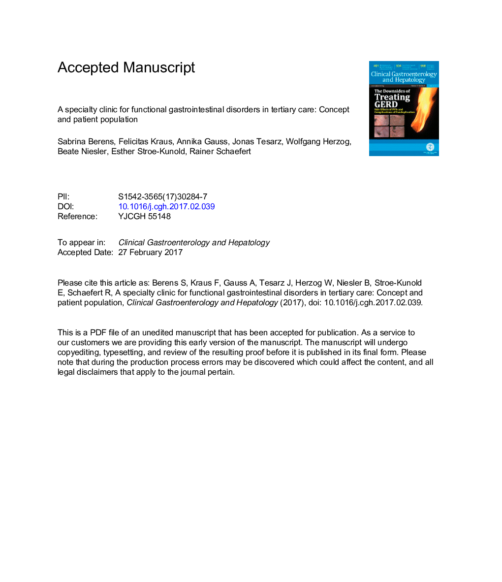 A Specialty Clinic for Functional Gastrointestinal Disorders in Tertiary Care: Concept and Patient Population