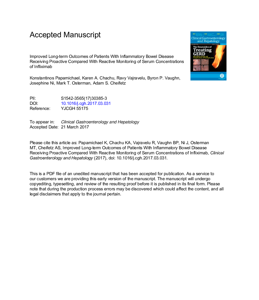 Improved Long-term Outcomes of Patients With Inflammatory Bowel Disease Receiving Proactive Compared With Reactive Monitoring of Serum Concentrations of Infliximab