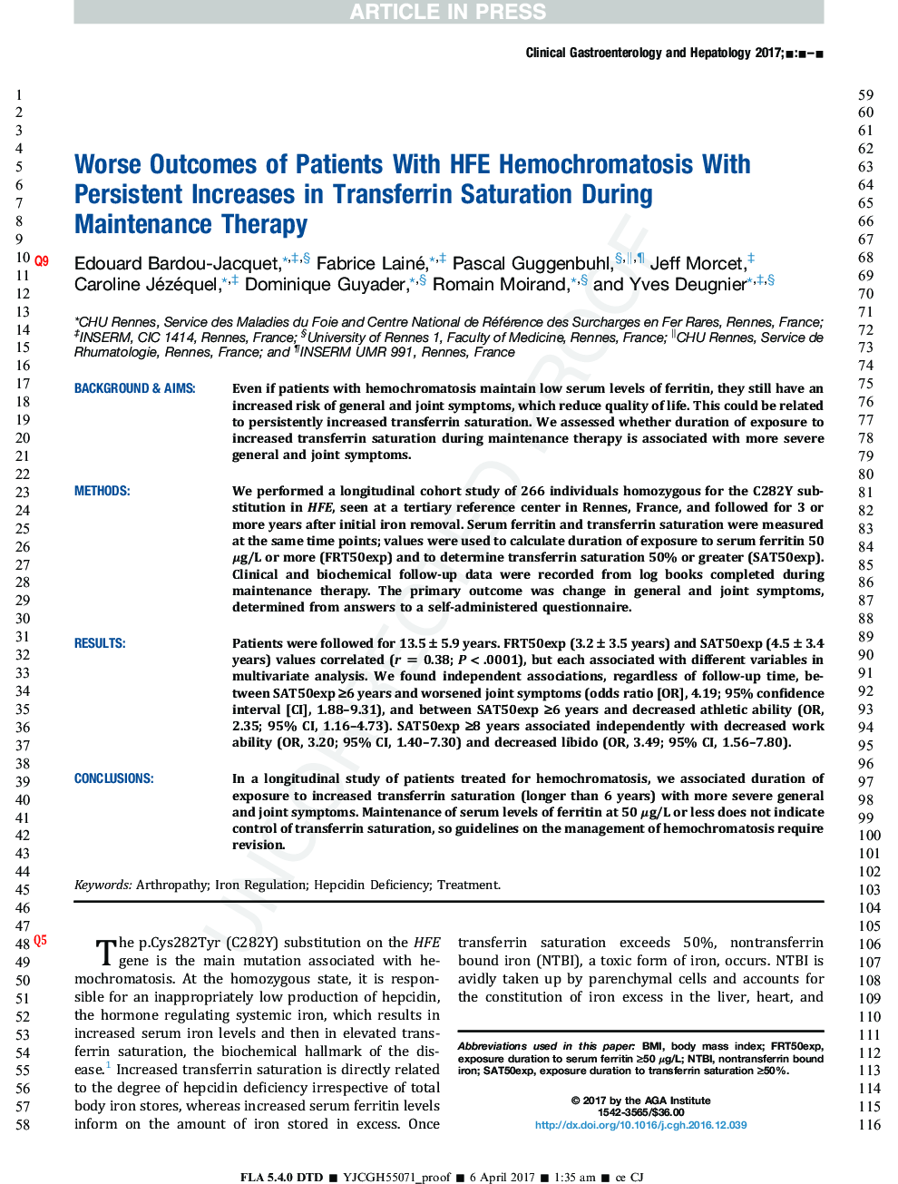 Worse Outcomes of Patients With HFE Hemochromatosis With Persistent Increases in Transferrin Saturation During Maintenance Therapy