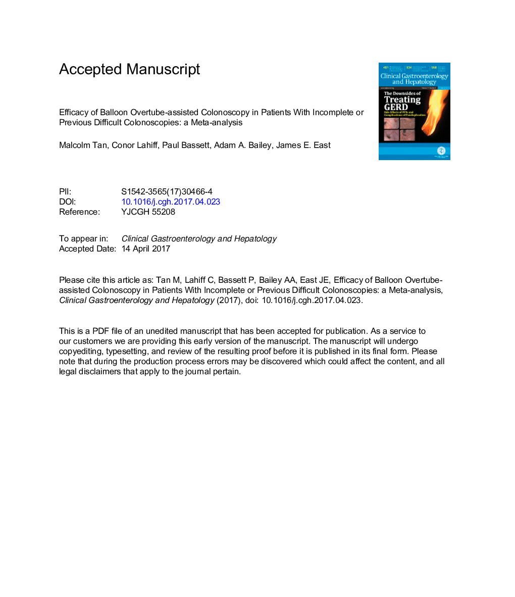 Efficacy of Balloon Overtube-Assisted Colonoscopy in PatientsÂ With Incomplete or Previous Difficult Colonoscopies: AÂ Meta-analysis