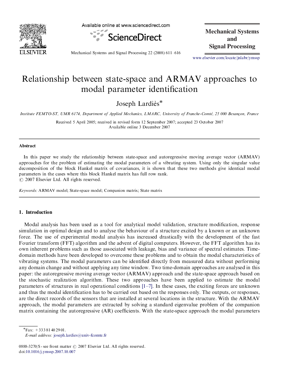 Relationship between state-space and ARMAV approaches to modal parameter identification