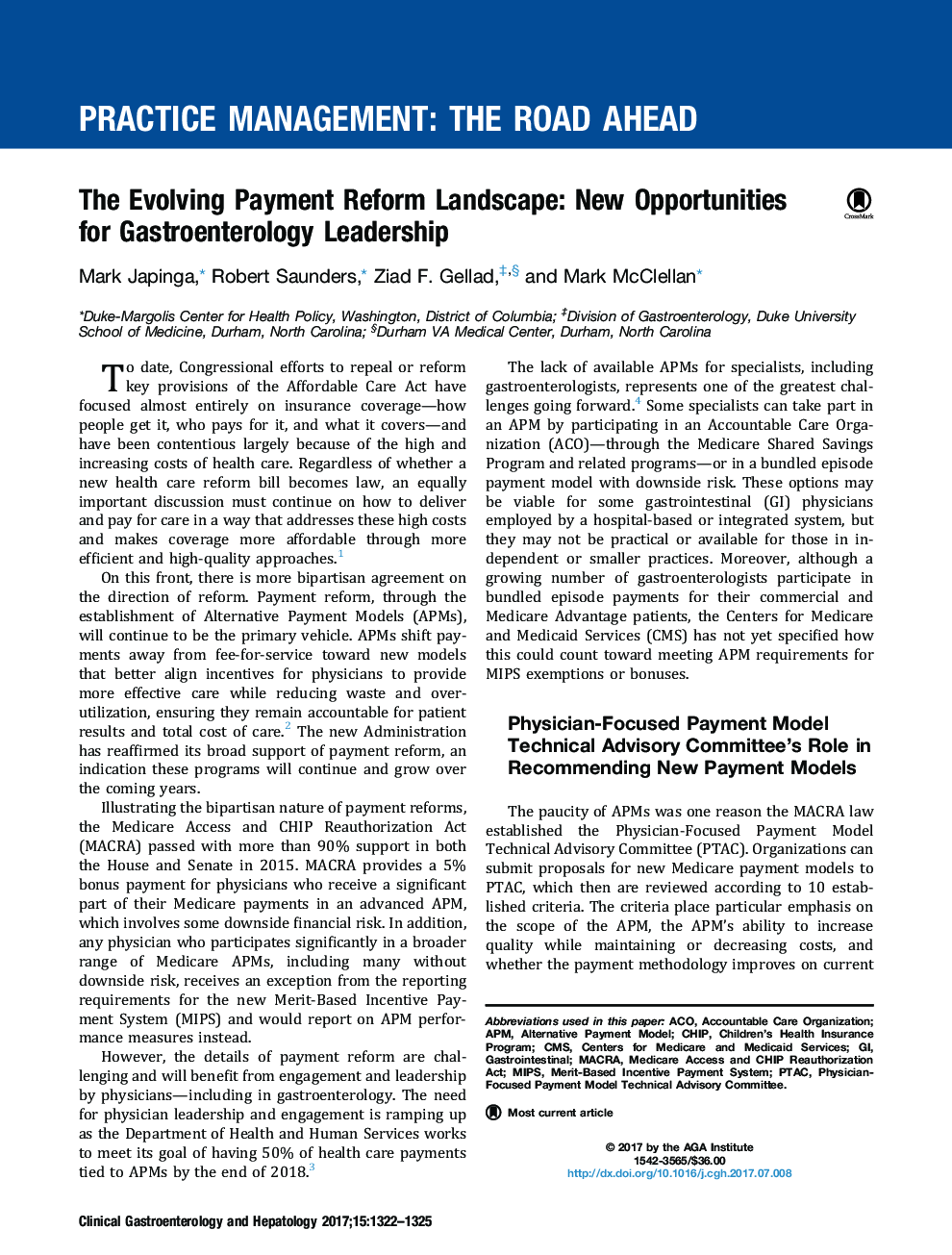The Evolving Payment Reform Landscape: New Opportunities forÂ Gastroenterology Leadership
