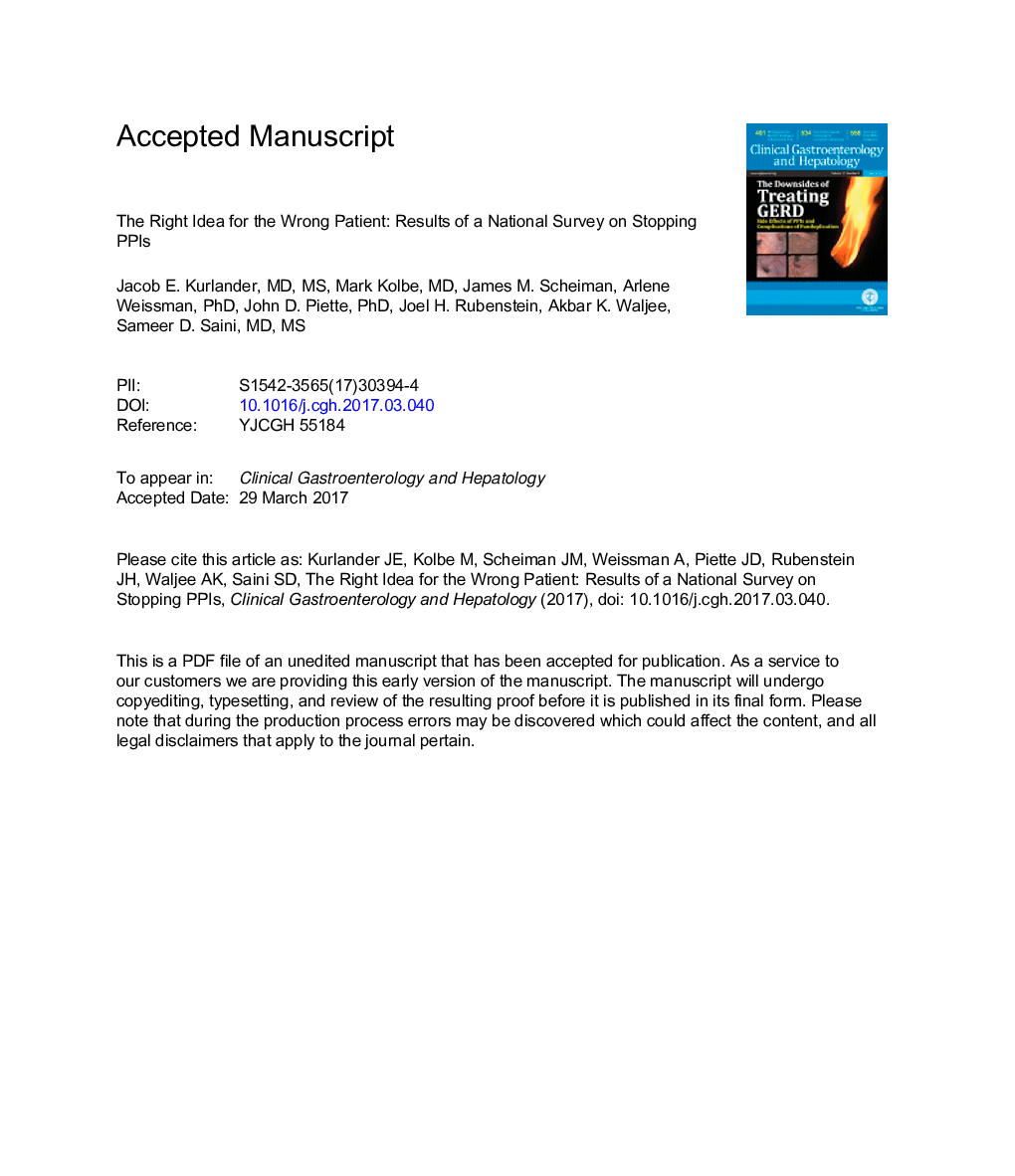 عکس صفحه اول مقاله: The Right Idea for the Wrong Patient: Results of a National Survey on Stopping PPIs The Right Idea for the Wrong Patient: Results of a National Survey on Stopping PPIs