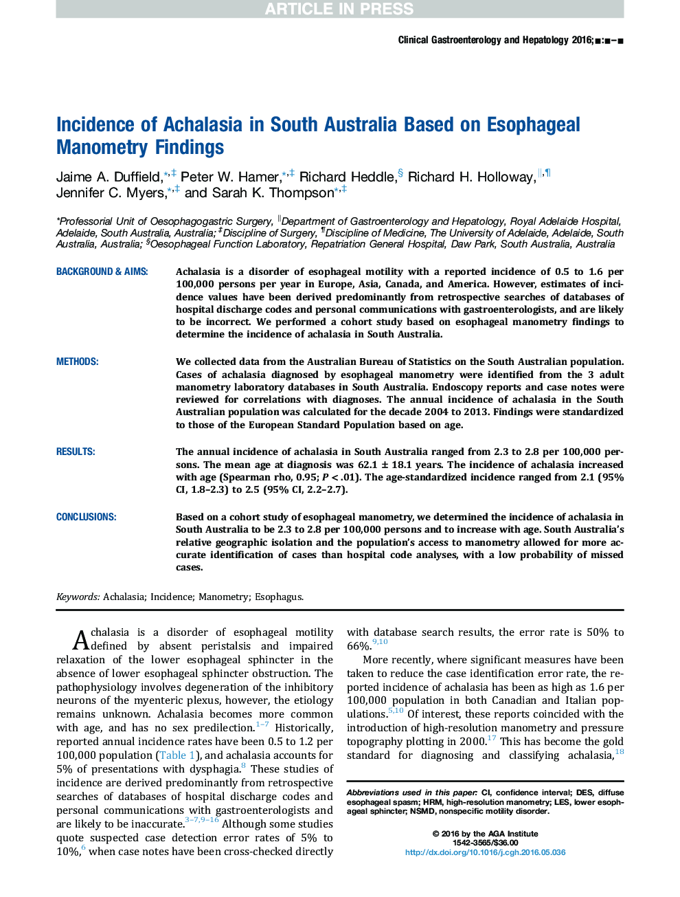 Incidence of Achalasia in South Australia Based on Esophageal Manometry Findings