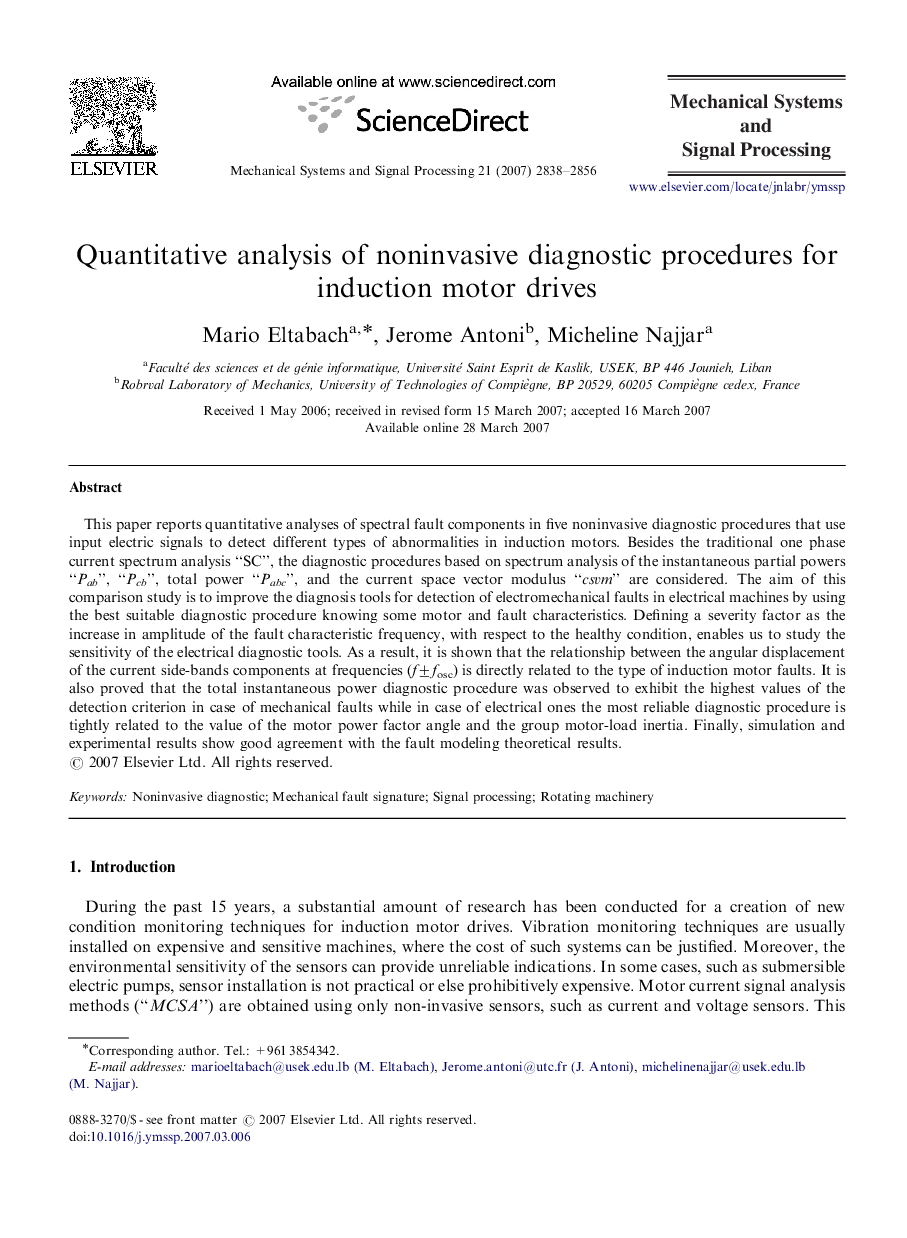عکس صفحه اول مقاله: Quantitative analysis of noninvasive diagnostic procedures for induction motor drives Quantitative analysis of noninvasive diagnostic procedures for induction motor drives