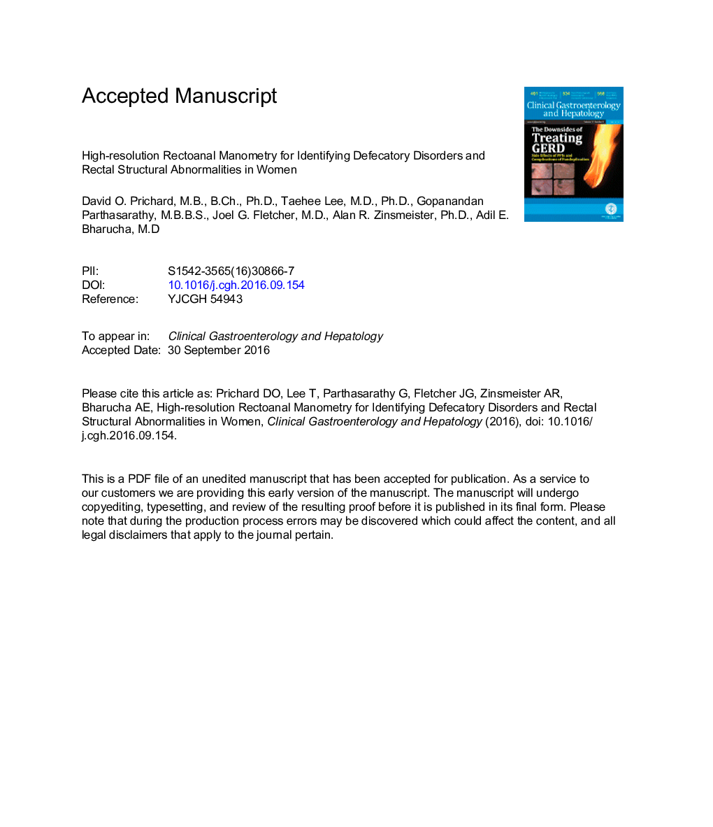 High-resolution Anorectal Manometry for Identifying Defecatory Disorders and Rectal Structural Abnormalities in Women