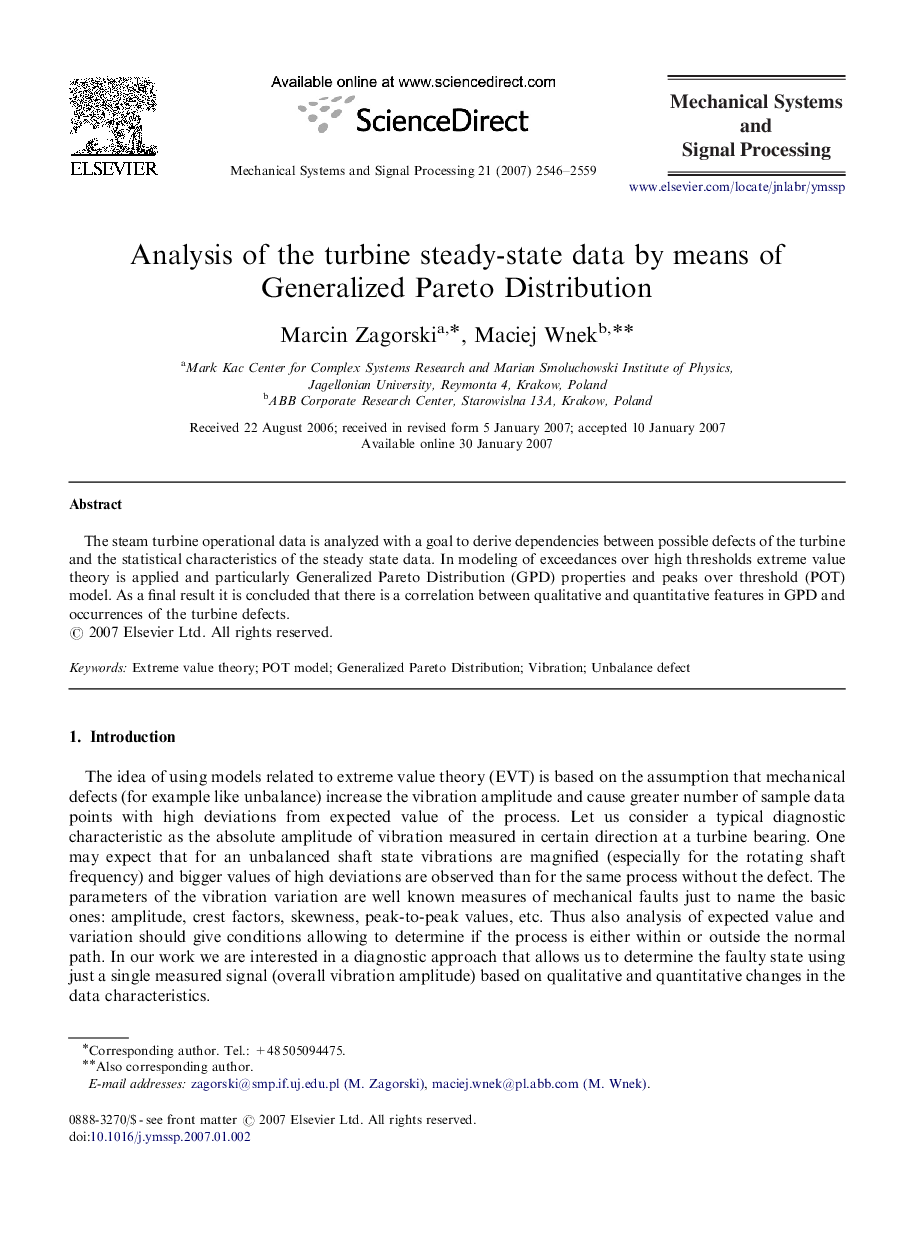 Analysis of the turbine steady-state data by means of Generalized Pareto Distribution