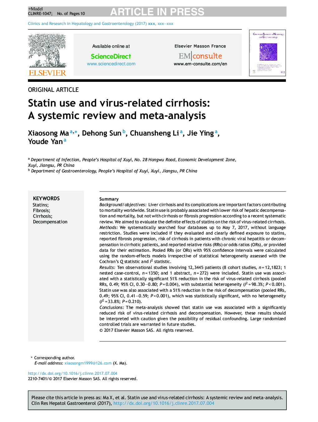 Statin use and virus-related cirrhosis: A systemic review and meta-analysis