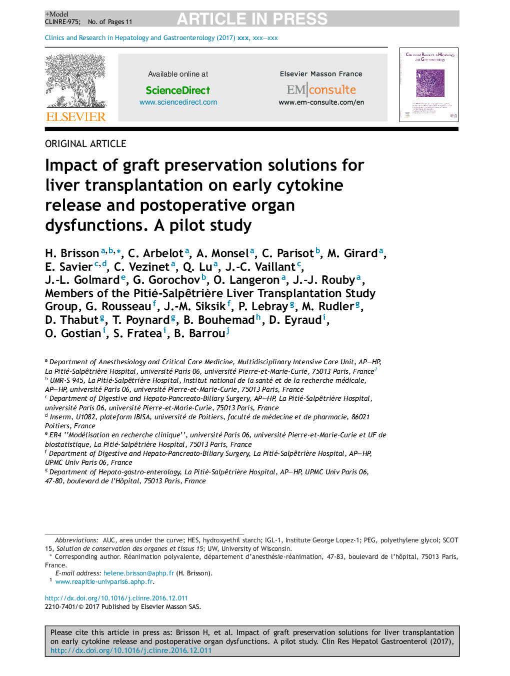 Impact of graft preservation solutions for liver transplantation on early cytokine release and postoperative organ dysfunctions. A pilot study