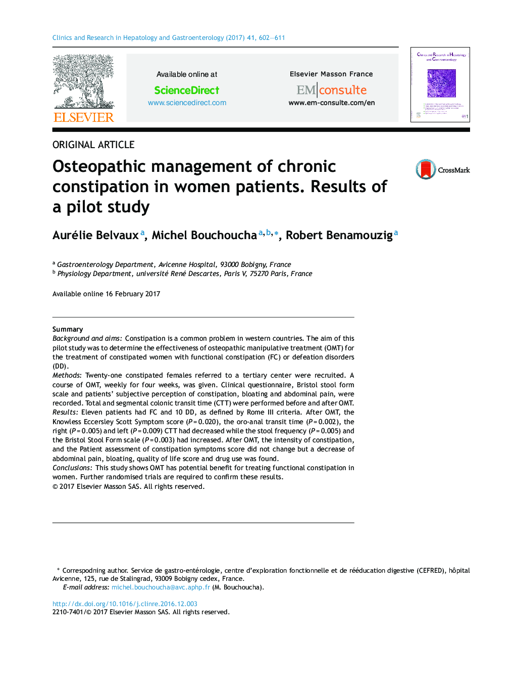 Osteopathic management of chronic constipation in women patients. Results of a pilot study