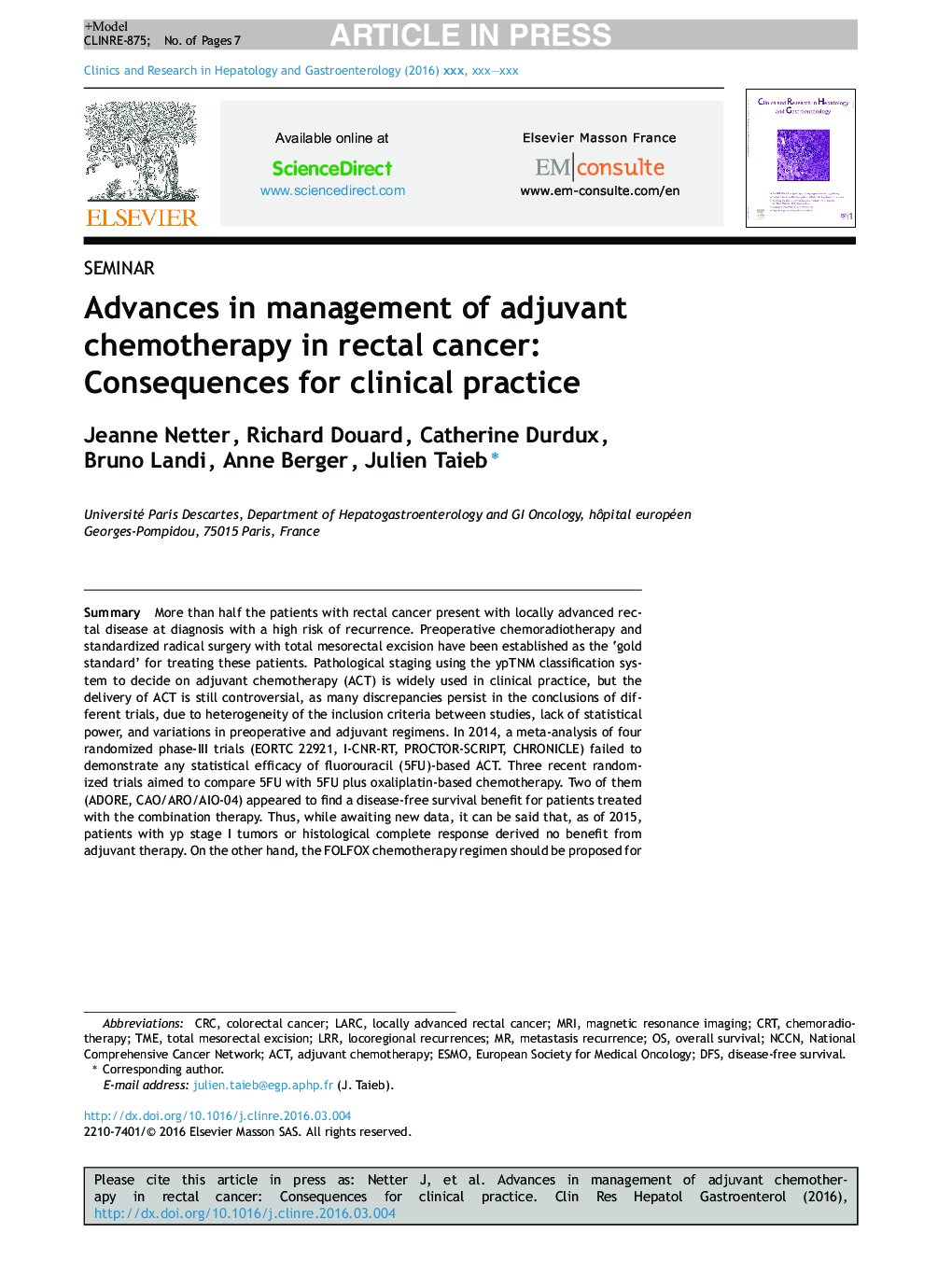 Advances in management of adjuvant chemotherapy in rectal cancer: Consequences for clinical practice