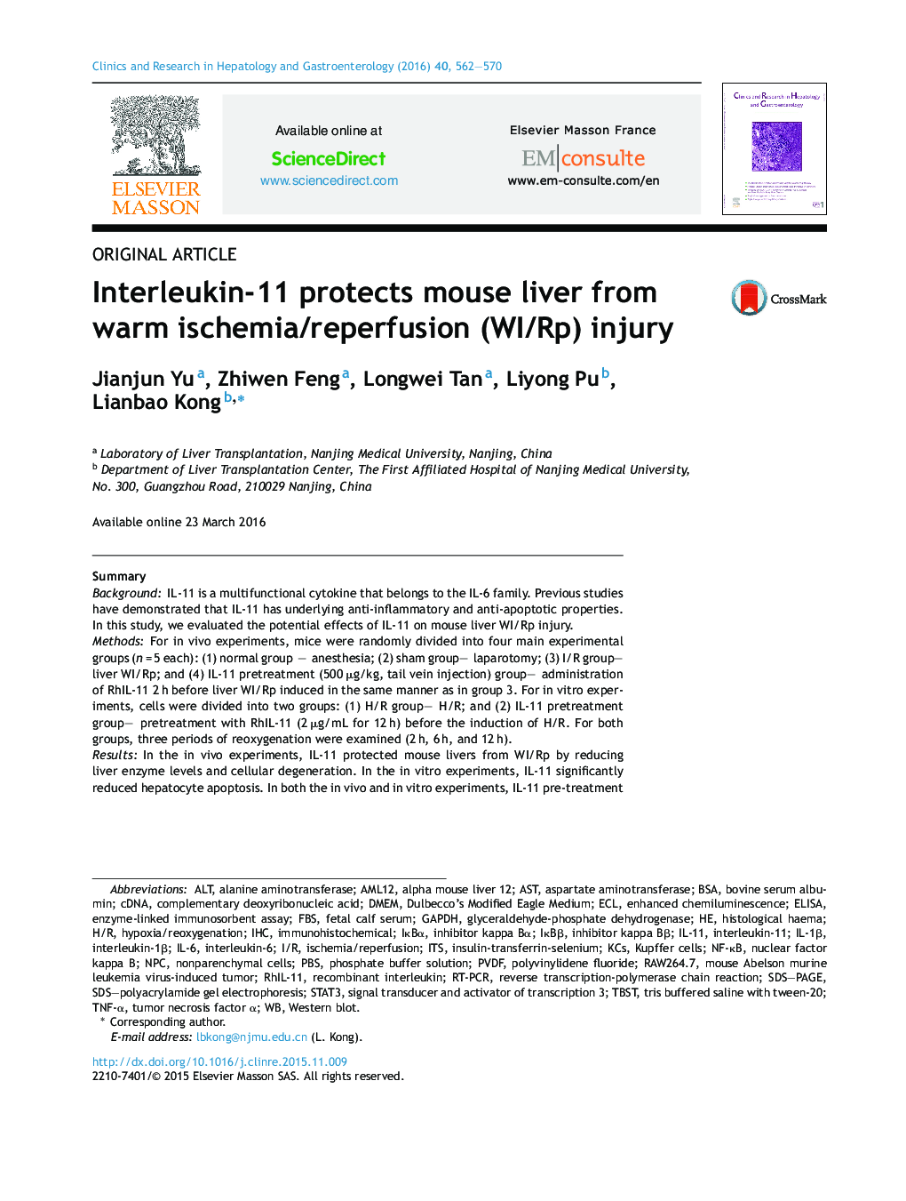 Interleukin-11 protects mouse liver from warm ischemia/reperfusion (WI/Rp) injury