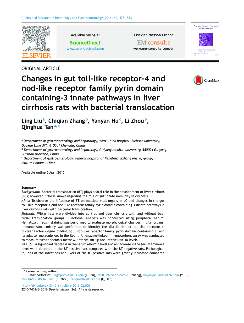 Changes in gut toll-like receptor-4 and nod-like receptor family pyrin domain containing-3 innate pathways in liver cirrhosis rats with bacterial translocation