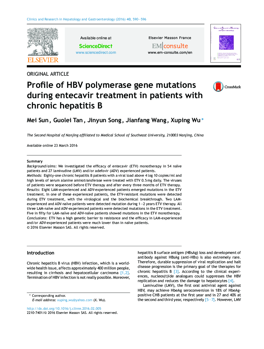 Profile of HBV polymerase gene mutations during entecavir treatment in patients with chronic hepatitis B