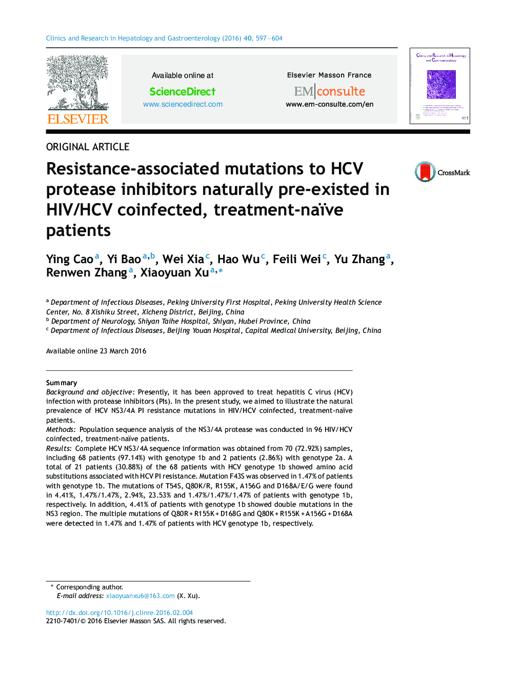 Resistance-associated mutations to HCV protease inhibitors naturally pre-existed in HIV/HCV coinfected, treatment-naïve patients