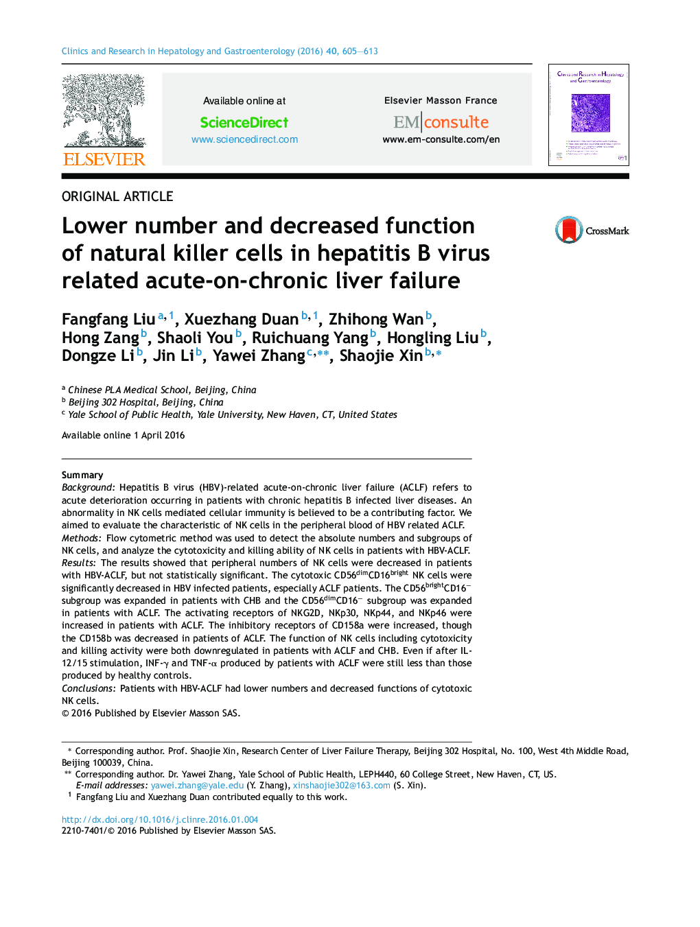 Lower number and decreased function of natural killer cells in hepatitis B virus related acute-on-chronic liver failure