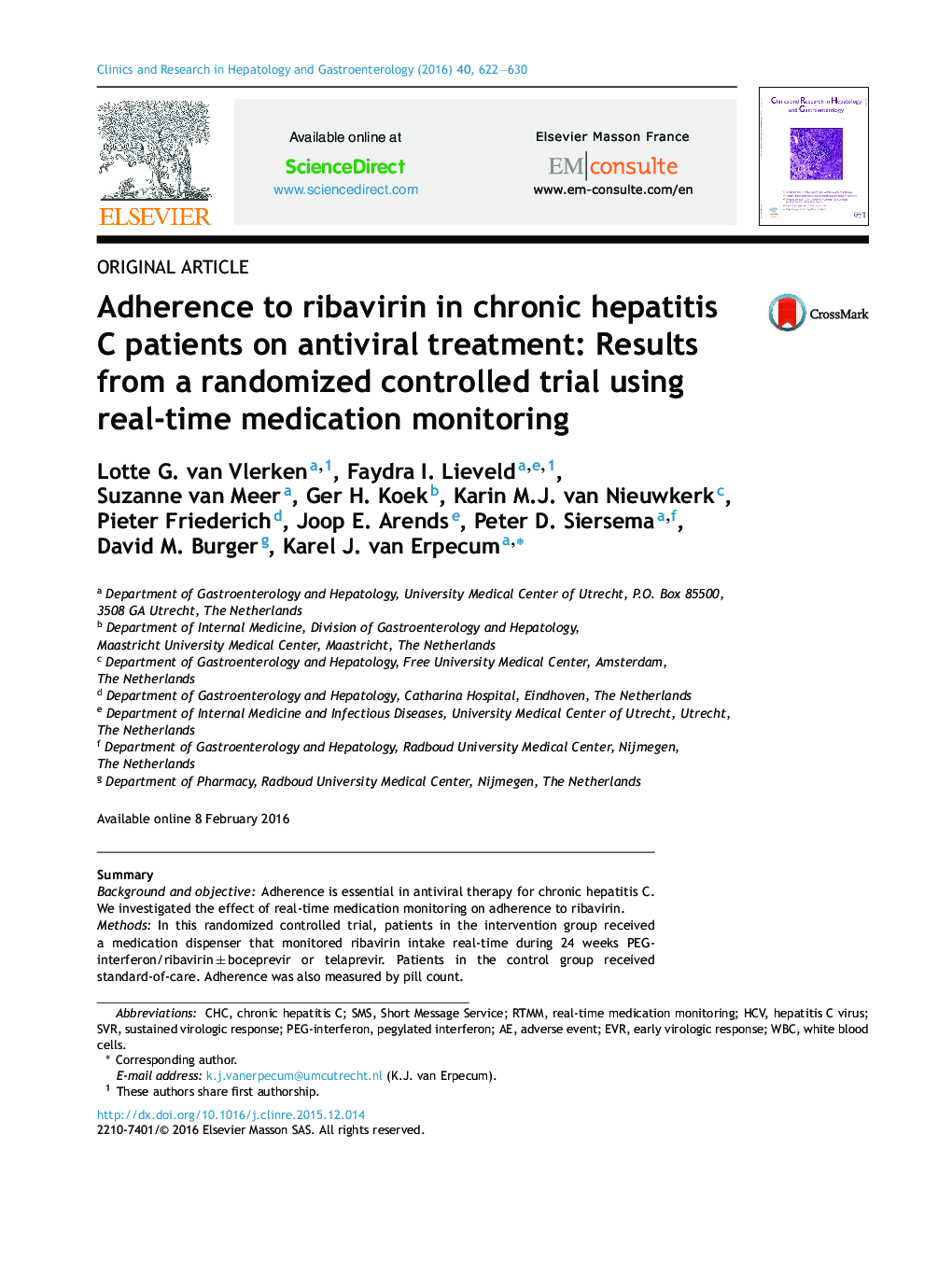 Adherence to ribavirin in chronic hepatitis C patients on antiviral treatment: Results from a randomized controlled trial using real-time medication monitoring