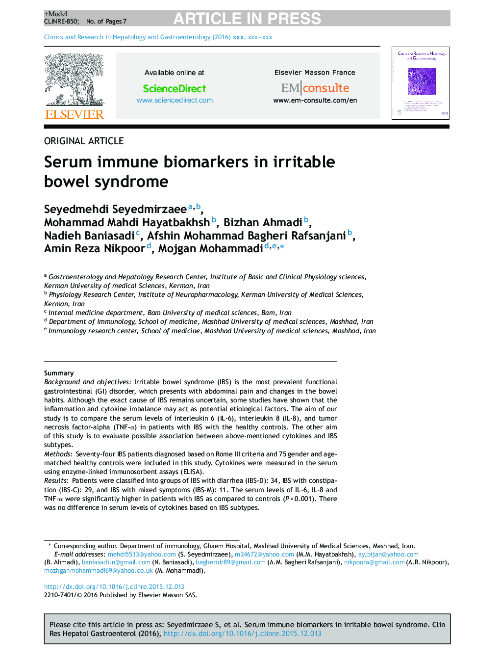 Serum immune biomarkers in irritable bowel syndrome