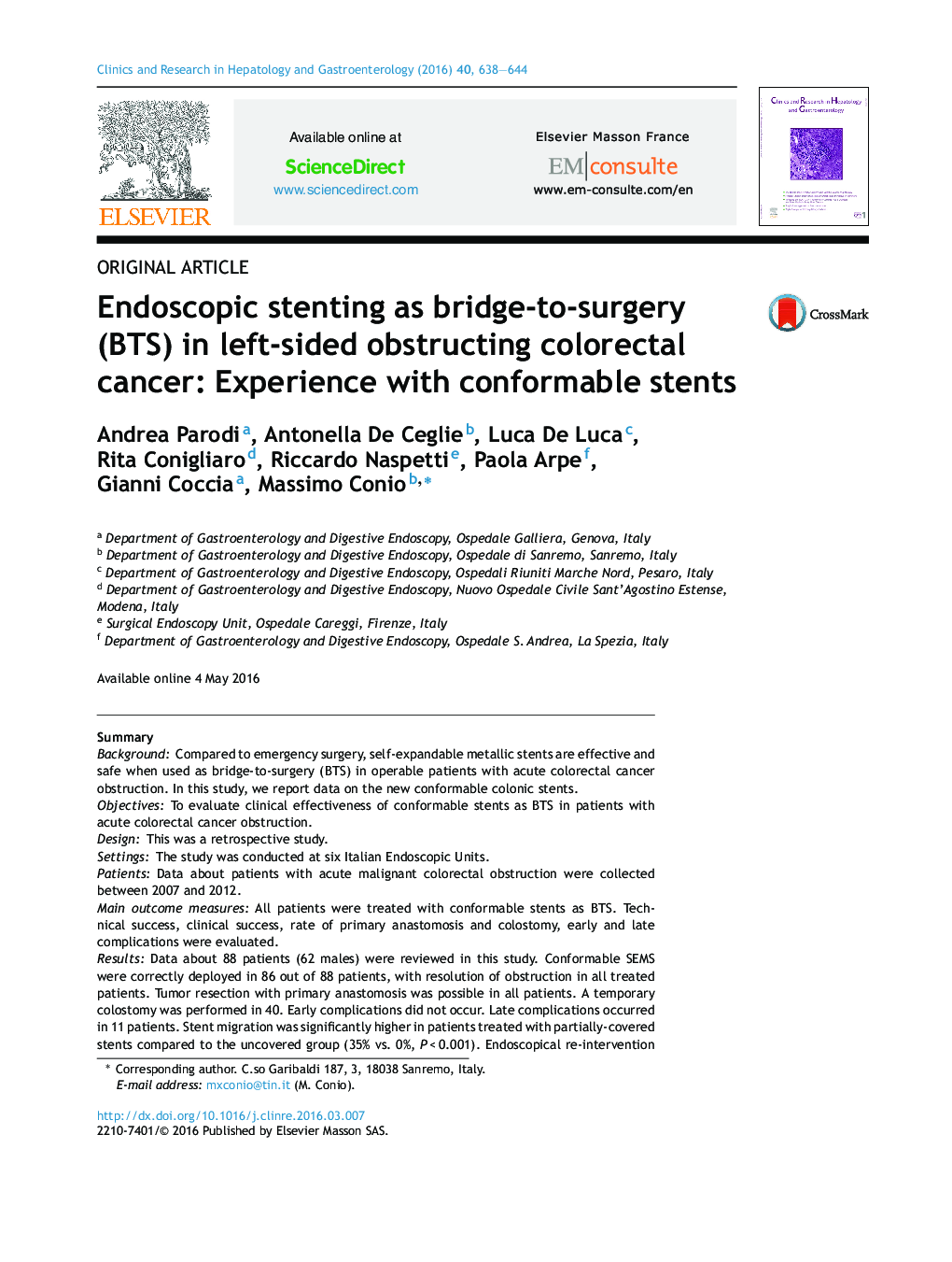 Endoscopic stenting as bridge-to-surgery (BTS) in left-sided obstructing colorectal cancer: Experience with conformable stents