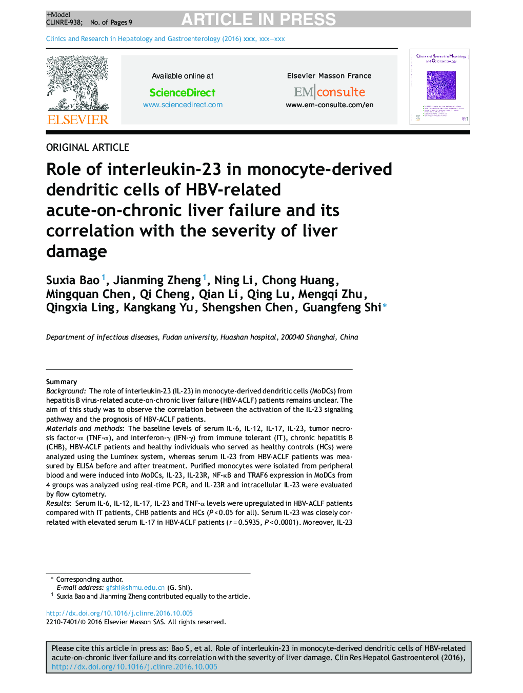 Role of interleukin-23 in monocyte-derived dendritic cells of HBV-related acute-on-chronic liver failure and its correlation with the severity of liver damage