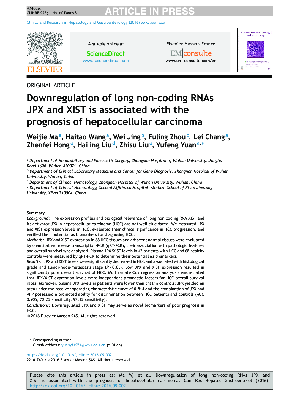 Downregulation of long non-coding RNAs JPX and XIST is associated with the prognosis of hepatocellular carcinoma