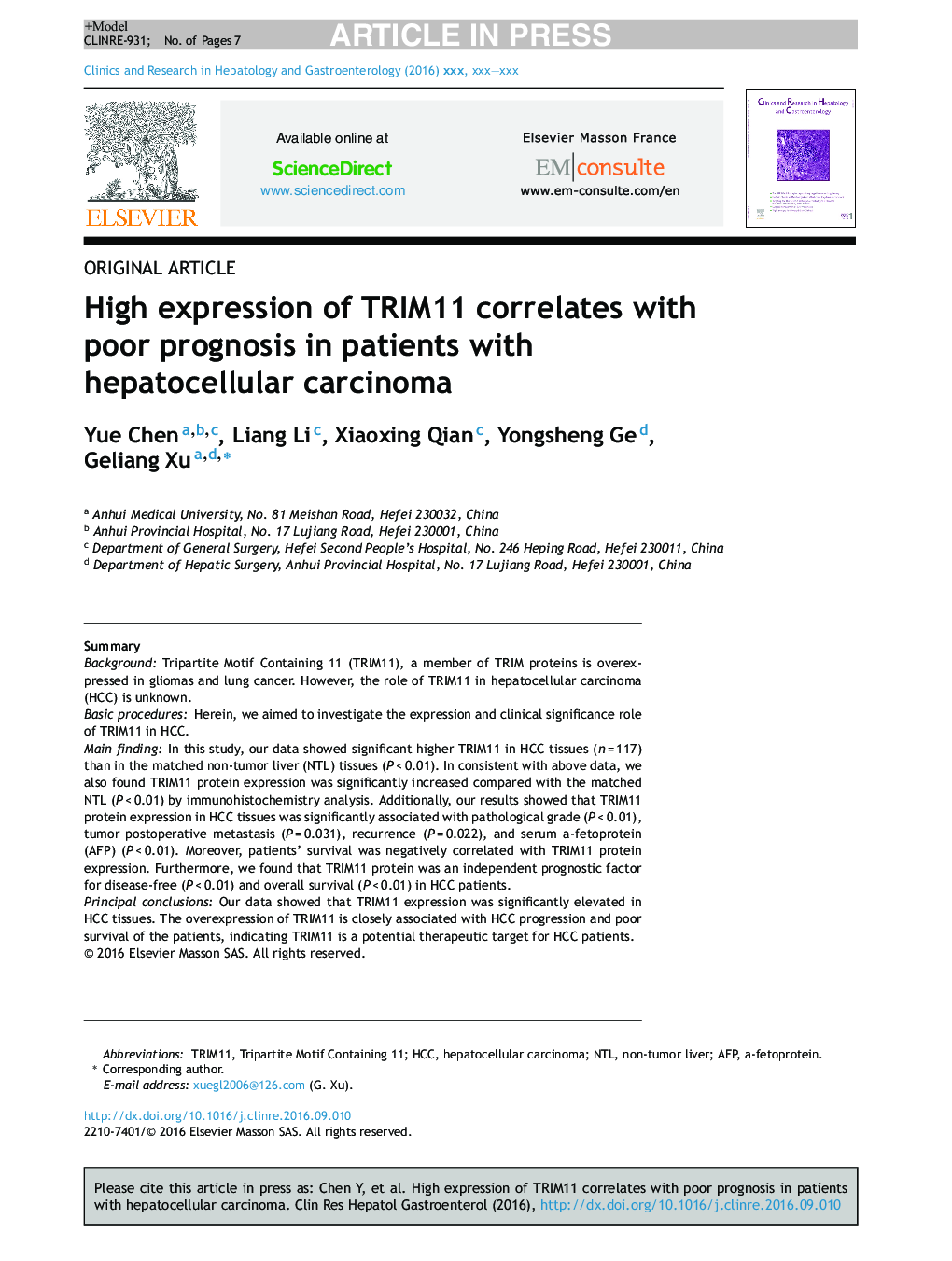 High expression of TRIM11 correlates with poor prognosis in patients with hepatocellular carcinoma