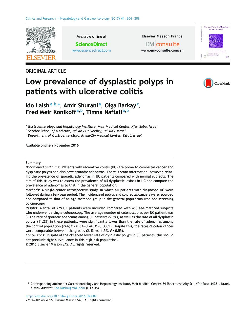 Low prevalence of dysplastic polyps in patients with ulcerative colitis