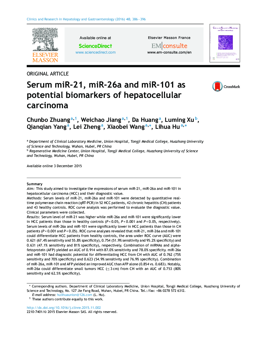 Serum miR-21, miR-26a and miR-101 as potential biomarkers of hepatocellular carcinoma