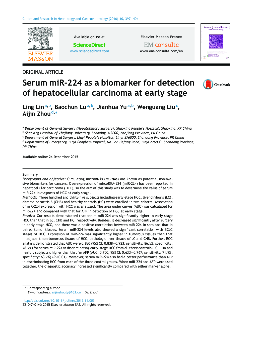 Serum miR-224 as a biomarker for detection of hepatocellular carcinoma at early stage