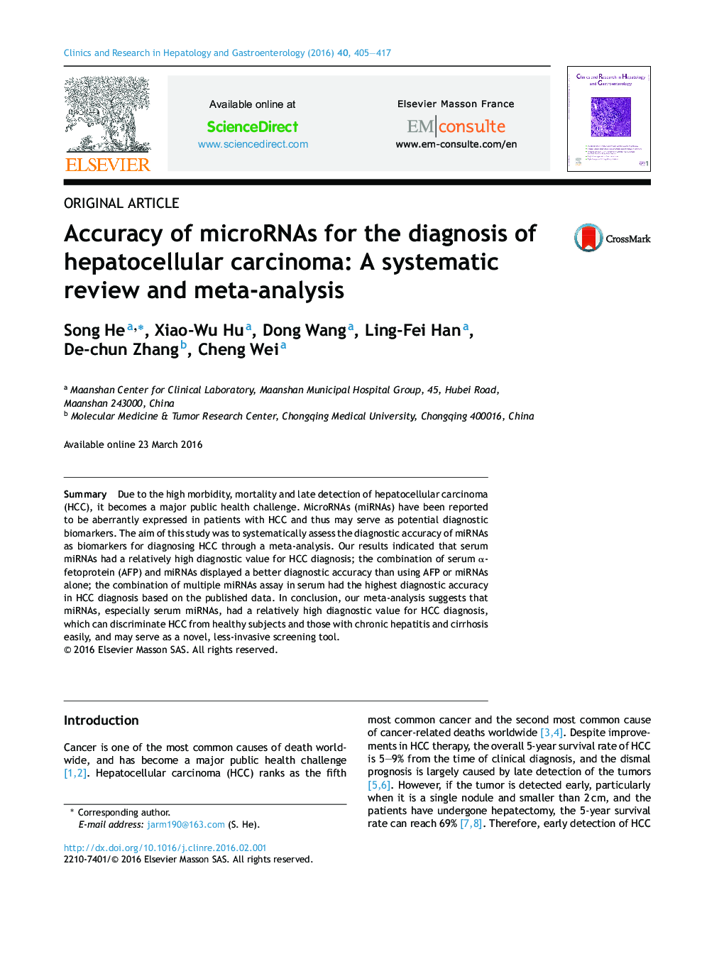 Accuracy of microRNAs for the diagnosis of hepatocellular carcinoma: A systematic review and meta-analysis